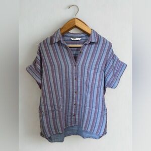 Sonoma Women's Short Sleeve Button Down Striped Cotton Berry Shirt Size Large
